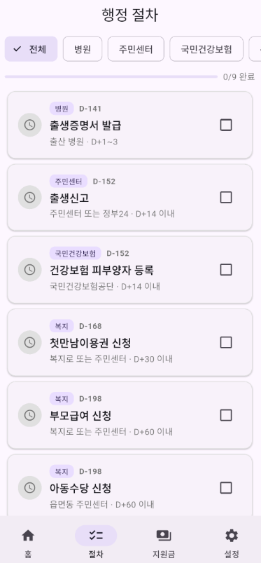 아기첫걸음 행정 절차 화면